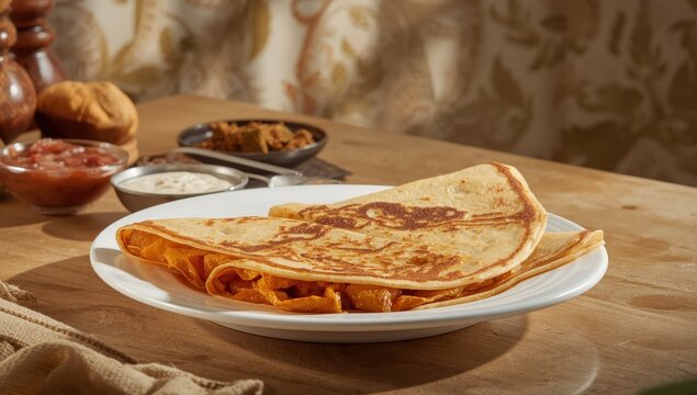 A crunchy, golden Masala Dosa stuffed with seasoned potatoes on a white dish