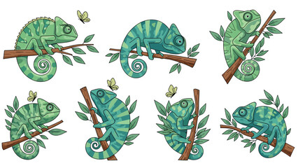 Fototapeta premium Set of green chameleon illustrations perched on branches with green leaves and butterflies in various natural animal poses.