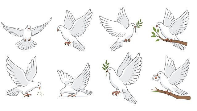 Collection of white doves in various flight poses including flying with olive branches and carrying letters as symbols of peace.