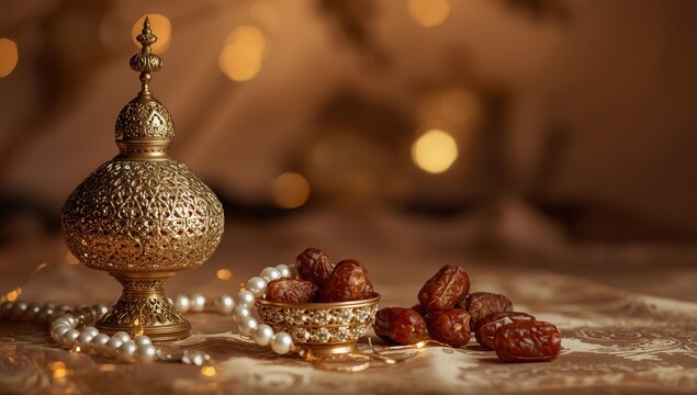 A lamp for Ramadan, prayer beads, and a bowl of dates for Muslim celebrations