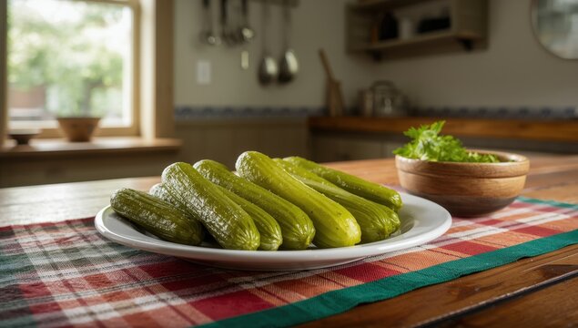 A plate displaying several dill pickles