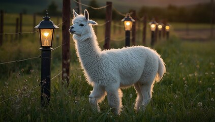 Fototapeta premium A soft white llama is beside shining lights in a enclosed space