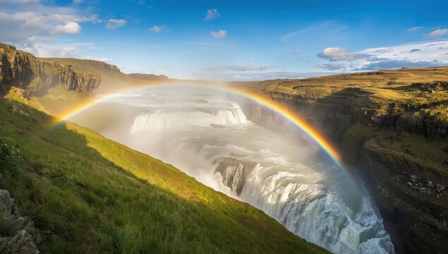 A stunning rainbow created by the mist from Gullfoss&rsquo;s twin waterfall in Iceland&rsquo;s Golden Circle