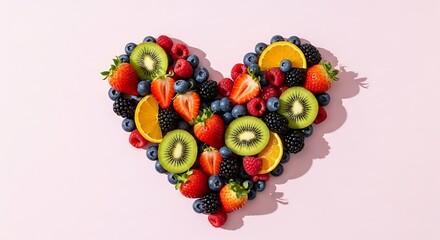 Vibrant fruit heart arrangement with strawberries, kiwi, and berries on pink background