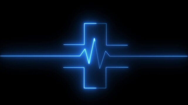 Abstract glowing neon heartbeat signal icon animation medical concept. blue neon cross with heartbeat line on dark background, symbolizing dedication in medical care and commitment to patient health