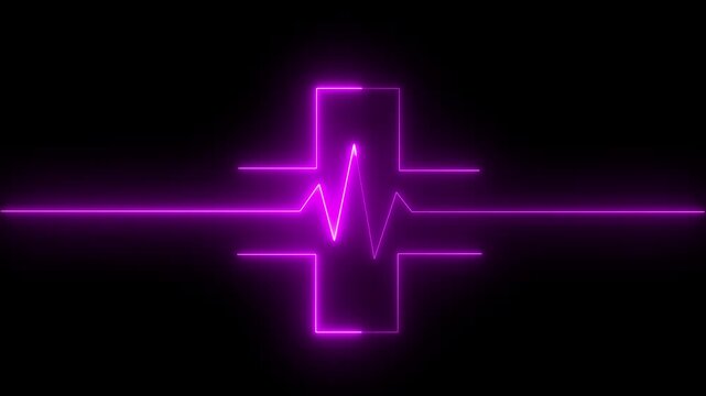 Abstract glowing neon heartbeat signal icon animation medical concept. blue neon cross with heartbeat line on dark background, symbolizing dedication in medical care and commitment to patient health