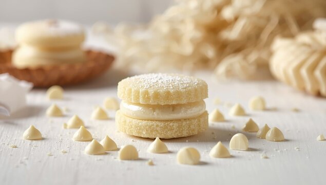 Alfajor artesanal claro sobre base clara con trocitos de chocolate blanco