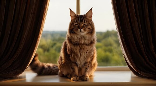 A fluffy cat with amber eyes sits on a windowsill, framed by curtains, with a blurred green landscape behind