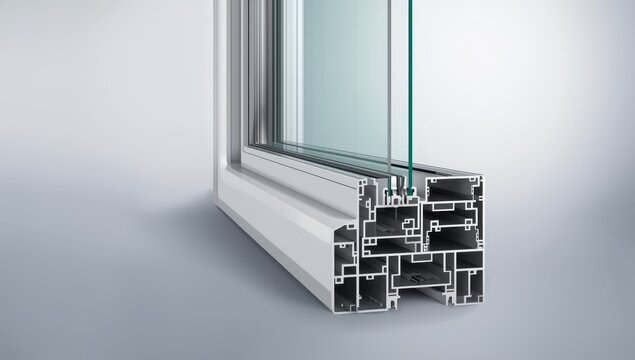 Aluminum window frame design. Energy-saving window section. Dual clear glass