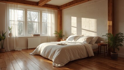 Fototapeta premium Attic bedroom featuring a white bed bathed in gentle winter morning light