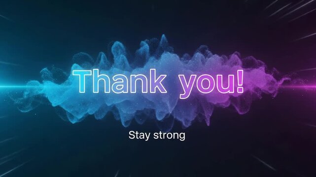 Dynamic "Thank you!" message rendered with neon blue and pink glowing particle smoke, creating a modern abstract digital gratitude animation.