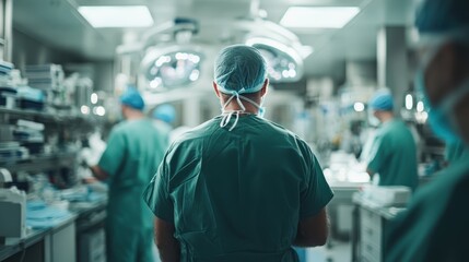 Obraz premium A team of surgeons works diligently in a well-equipped operating room, underscoring the critical nature of teamwork and precision in medical practices during surgery.