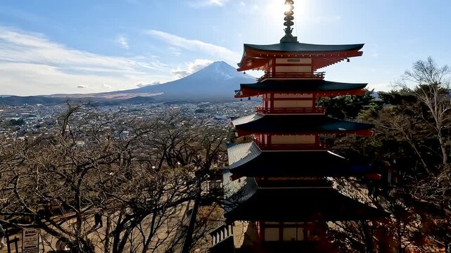 Chureito Pagoda is pagoda on the mountainside overlooking Fujiyoshida City and Mount Fuji off in the distance. The pagoda is part of the Arakura Sengen Shrine in Yamanashi Japan , Travel Footage