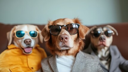 Fototapeta premium This amusing image features three stylish dogs dressed in dapper outfits and sunglasses, showcasing their playful personalities and charm in a cozy setting.