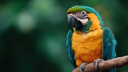 Obraz premium A vibrant parrot perched on a tree branch, showcasing its stunning plumage and creating a lively focal point within a lush, tropical environment rich in biodiversity.