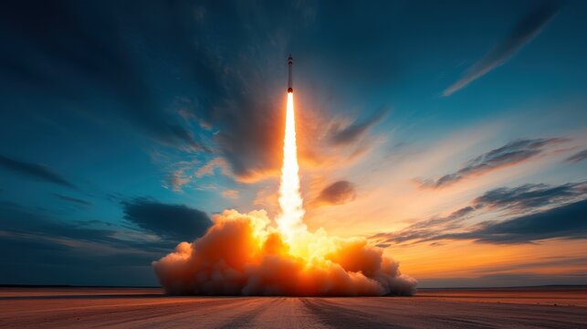 A powerful rocket ignites with force as it takes off at sunset, sending plumes of smoke and fire upward into a stunning sky filled with colors, representing human ambition and innovation.