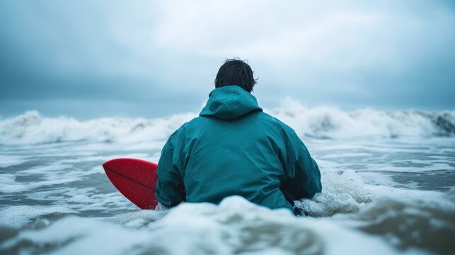 A lone surfer sits patiently in the turbulent waters, immersed in a world of crashing waves and moody skies, embodying the spirit of perseverance and adventure.