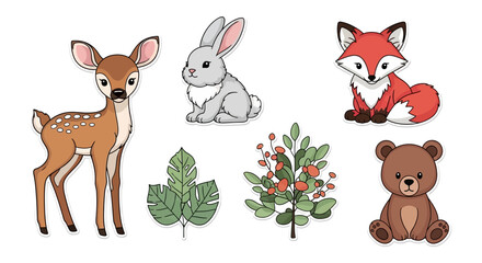 Fototapeta premium Cute forest animals and plants for kids