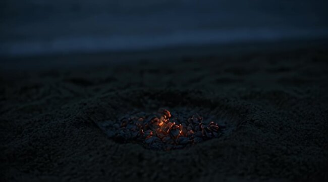 Glowing embers smolder within a dark, sandy hollow under a dusky sky