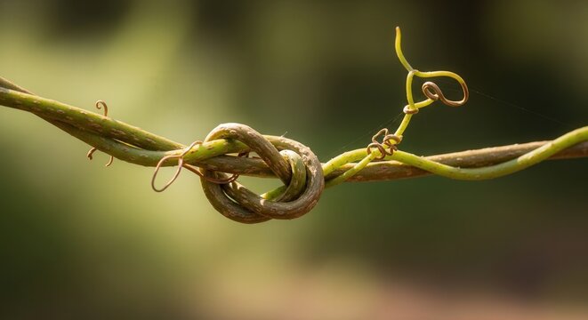 Close-up of a knot tying two green plant stems together in nature setting