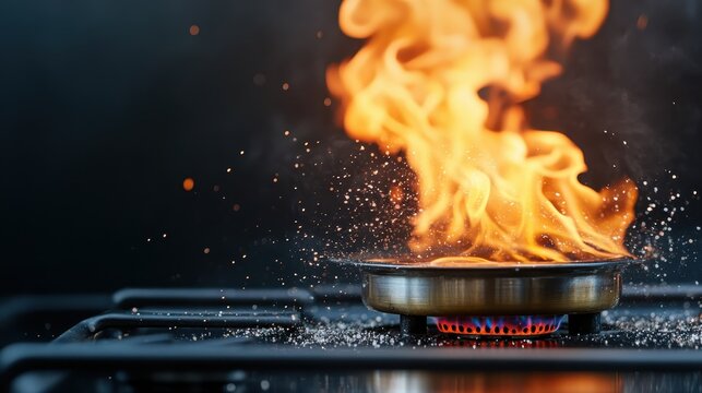 An intense close-up captures flames erupting from a pan, complemented by flying sparks, conveying the excitement and unpredictability of cooking.