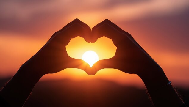 Optimism. Light streaming through a heart formed by a woman's hands at dawn, close-up