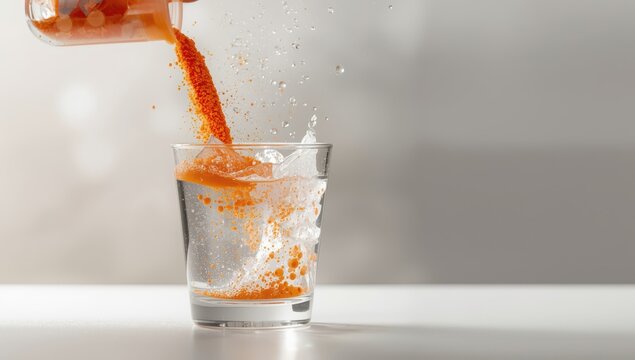 Orange paracetamol and salicylamide powder dissolving in water, creating bubbles