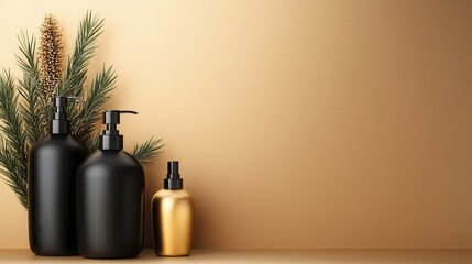 Fototapeta premium Stylish black and gold cosmetic bottles are artfully arranged against a chic background, representing luxury self-care and modern aesthetics in beauty routines and personal care.