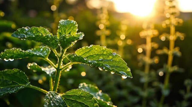 Fresh Dew Drops on Ayurvedic Holy Basil Leaves at Sunrise
