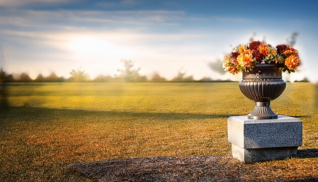 Curtained Urn On Blank Gravestone