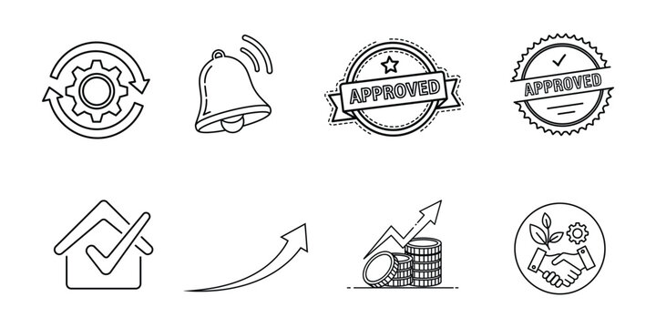 Collection of 8 unique black and white line drawn icons