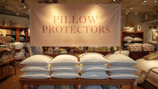 Pillow protector display in a bedding shop