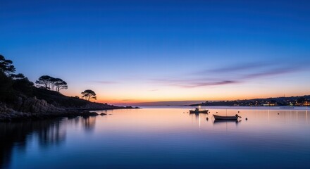 Obraz premium Serene Sunset over Calm Waterfront with Silhouetted Trees and Boats