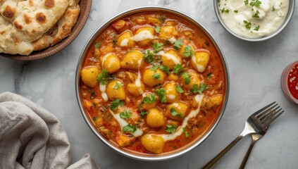 Punjabi baby potato curry in a bowl on a marble backdrop, top view