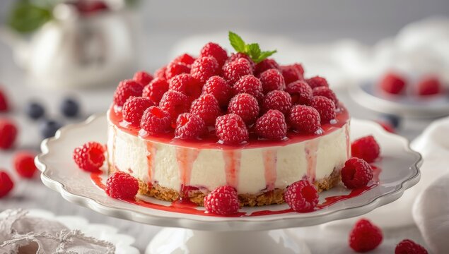 Raspberry Raffaello cheesecake topped with raspberries