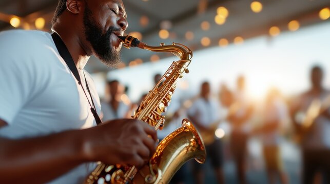A talented saxophonist passionately plays his instrument, surrounded by a lively audience, capturing the vibrant atmosphere of a sunset music performance.