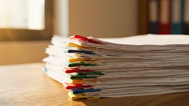 Stack of documents held together by colorful binder clips on a wooden desk