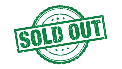 Rubber stamp of "sold out" in grunge green on white