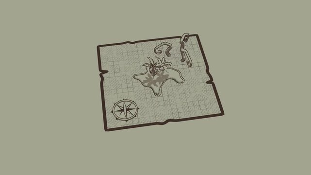 Treasure map illustration on aged parchment paper with island details and compass rose for a conceptual adventure game design or historical storytelling project