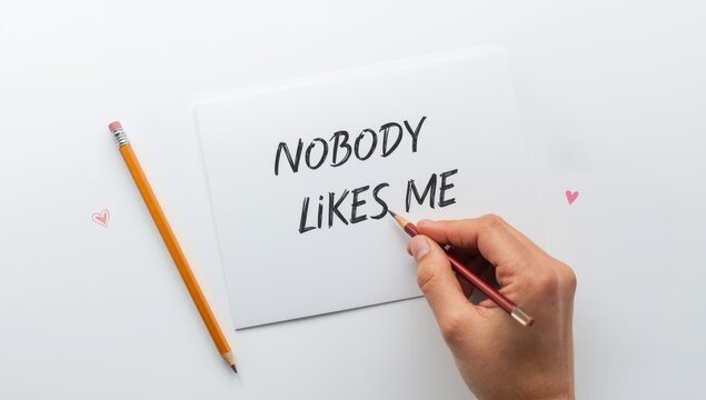 A note on white paper changed from "NOBODY LIKES ME" to "EVERYBODY LIKES ME" to combat negative thoughts and promote self-acceptance