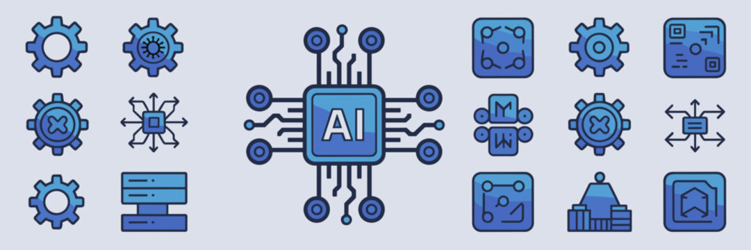 Processing hub and AI execution engine icon sheet &ndash; Suitable for UI/UX design, technical manuals, or server analytics.