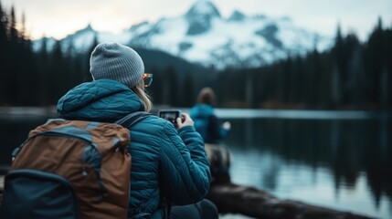 A hiker with a backpack takes a photo of a tranquil lake surrounded by mountains, showcasing the beauty of nature and the joy of outdoor exploration in vibrant colors.