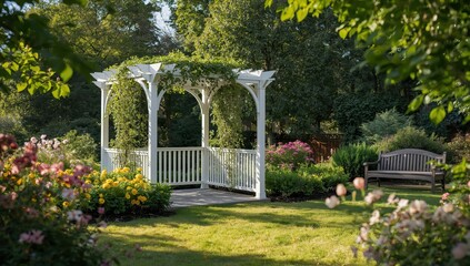 Obraz premium Scandinavian-style summer gazebo with flowerbeds in a romantic Swedish garden