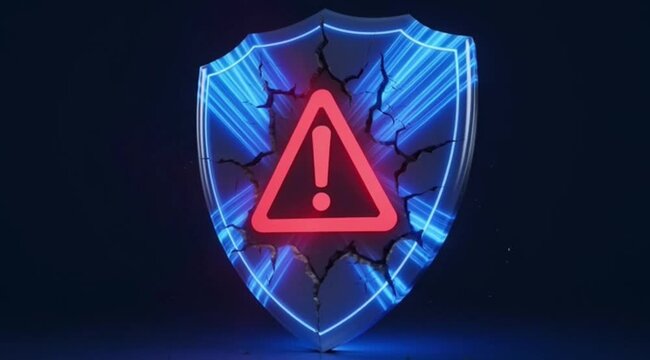 Futuristic Glass Shield Cracking with Red Warning Triangle Symbol for Cyber Security Concept