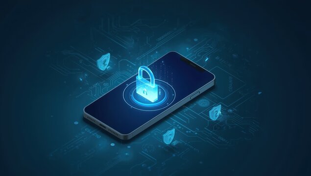 Smartphone illustration featuring a lock and tech symbols, focusing on data security