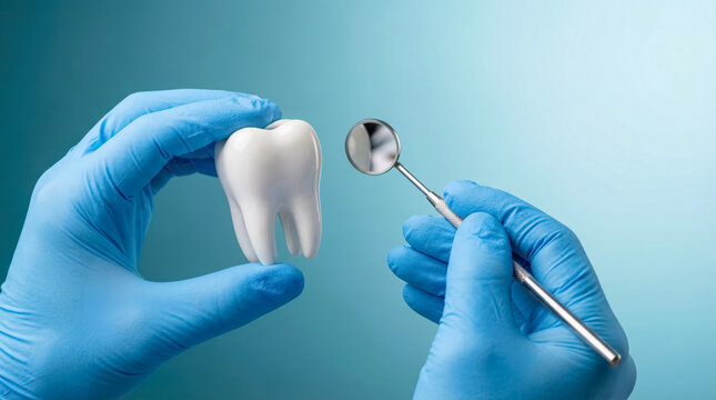 Model tooth held by dentist's gloved hands with dental mirror. Dental examination, oral health concept. 