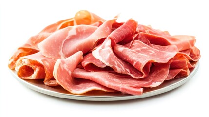 Savory ham slices : An overhead shot of a plate laden with meticulously arranged, thin slices of flavorful ham, ready to tantalize the palate.