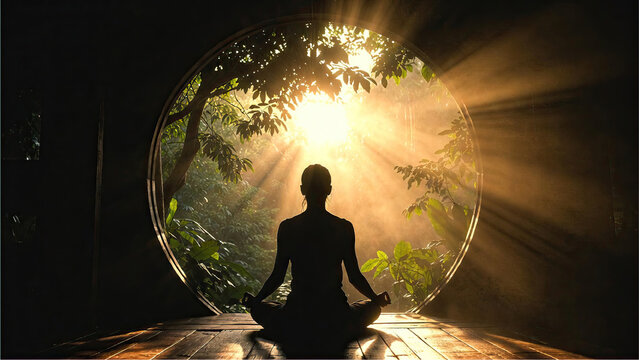Serene silhouette meditating in lotus pose amidst sunlit nature through circular window