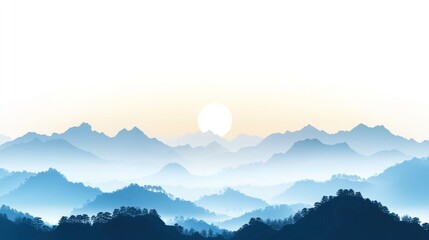 Obraz premium Mystical Mountain Range at Sunrise: Majestic mountain peaks shrouded in a soft, ethereal mist as the sun begins its ascent, casting a serene glow over the tranquil landscape. 