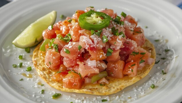 Tasty tuna tostada in Mexican ceviche style, topped with jalape&ntilde;o
